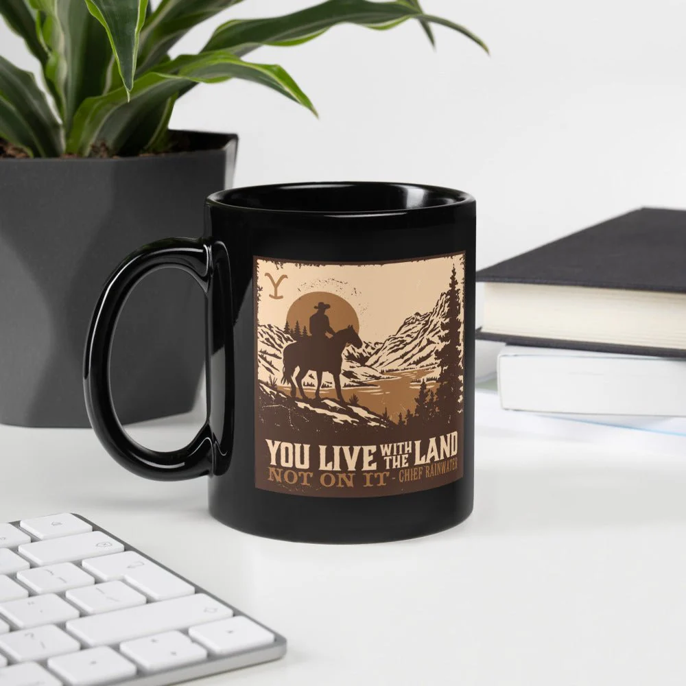 Yellowstone You Live With The Land Black Glossy Mug - Image 3